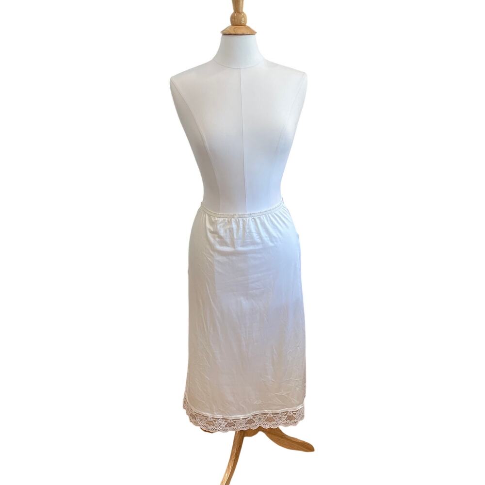 Vintage Ivory Half Slip Satin Midi Skirt with Lace Trim, Size Small